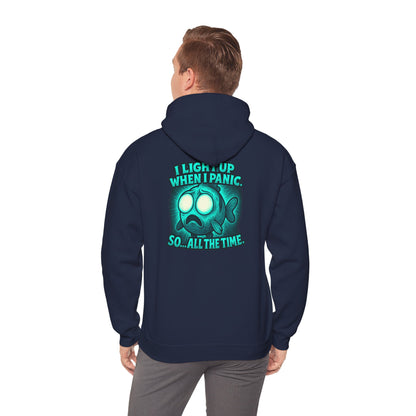 Panic Fish Hoodie — "I Lean Up When I Panic...So All The Time" Graphic Pullover