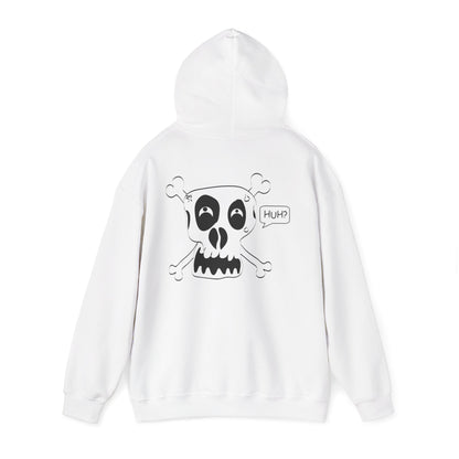 Skull & Crossbones 'Huh?' Hoodie – Edgy Cartoon Skull Back Graphic Sweatshirt