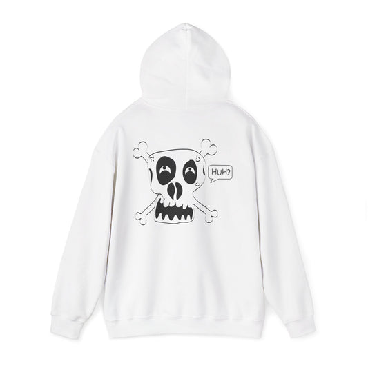Skull & Crossbones 'Huh?' Hoodie – Edgy Cartoon Skull Back Graphic Sweatshirt