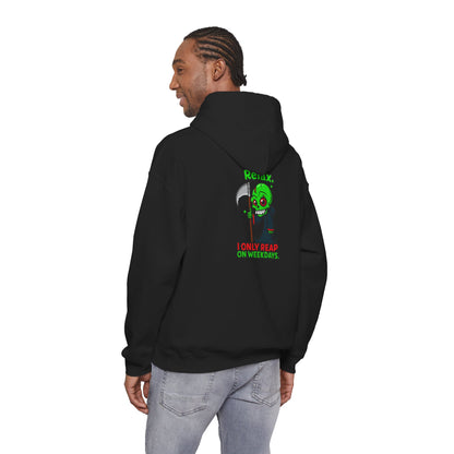 Grim Reaper Cartoon Hoodie — "I Only Read on Weekdays" Graphic Pullover