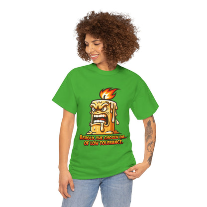 T-Shirt — 'Behold, The Chosen One of Low Tolerance' Fiery Candle Graphic Tee