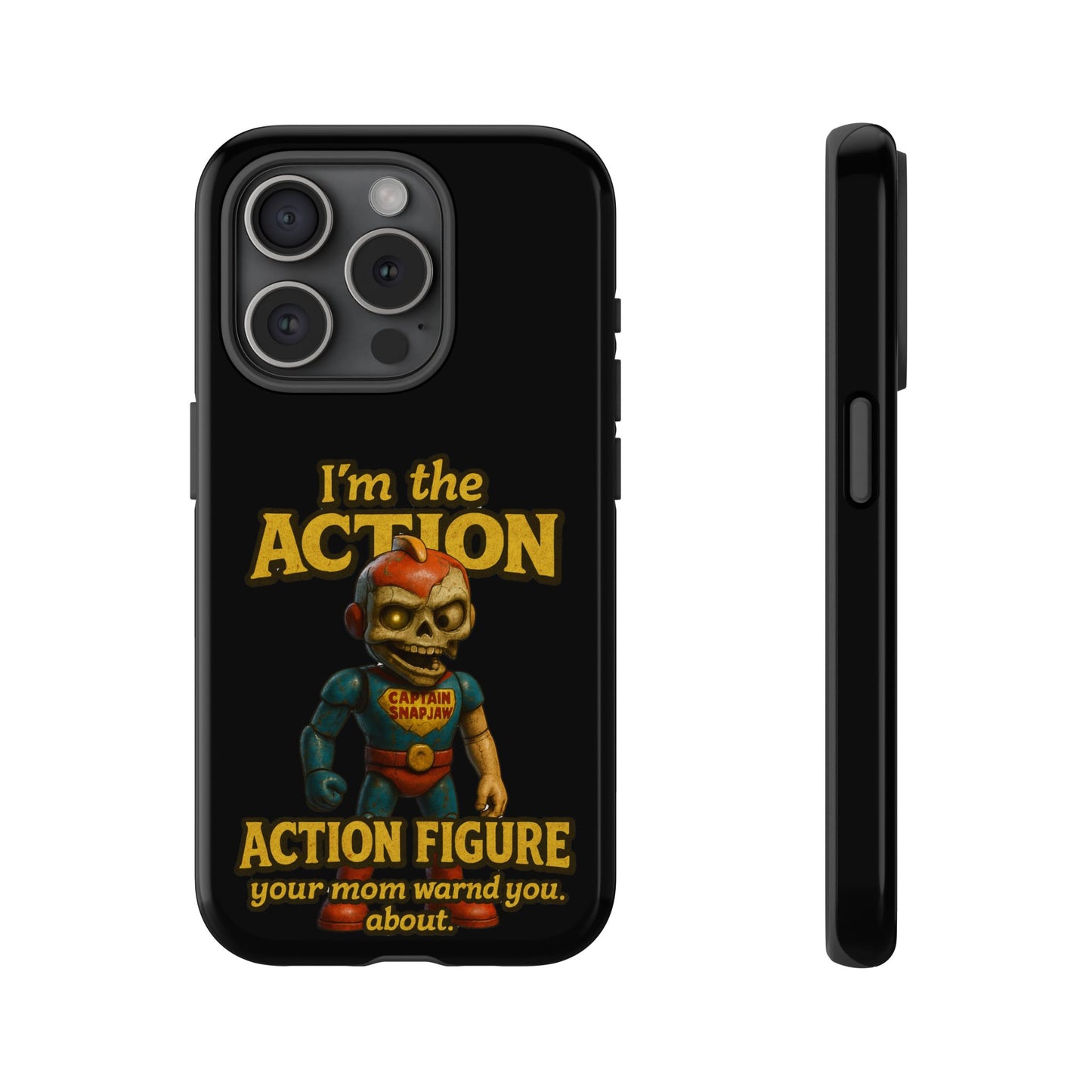 Action Figure Phone Case — "I'm the Action" Retro Skull Toy Design