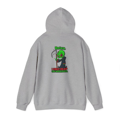 Grim Reaper Cartoon Hoodie — "I Only Read on Weekdays" Graphic Pullover