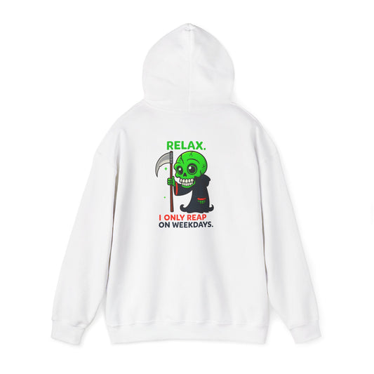 Grinning Grim Reaper Hoodie — "I Only Read On Weekdays" Graphic Pullover