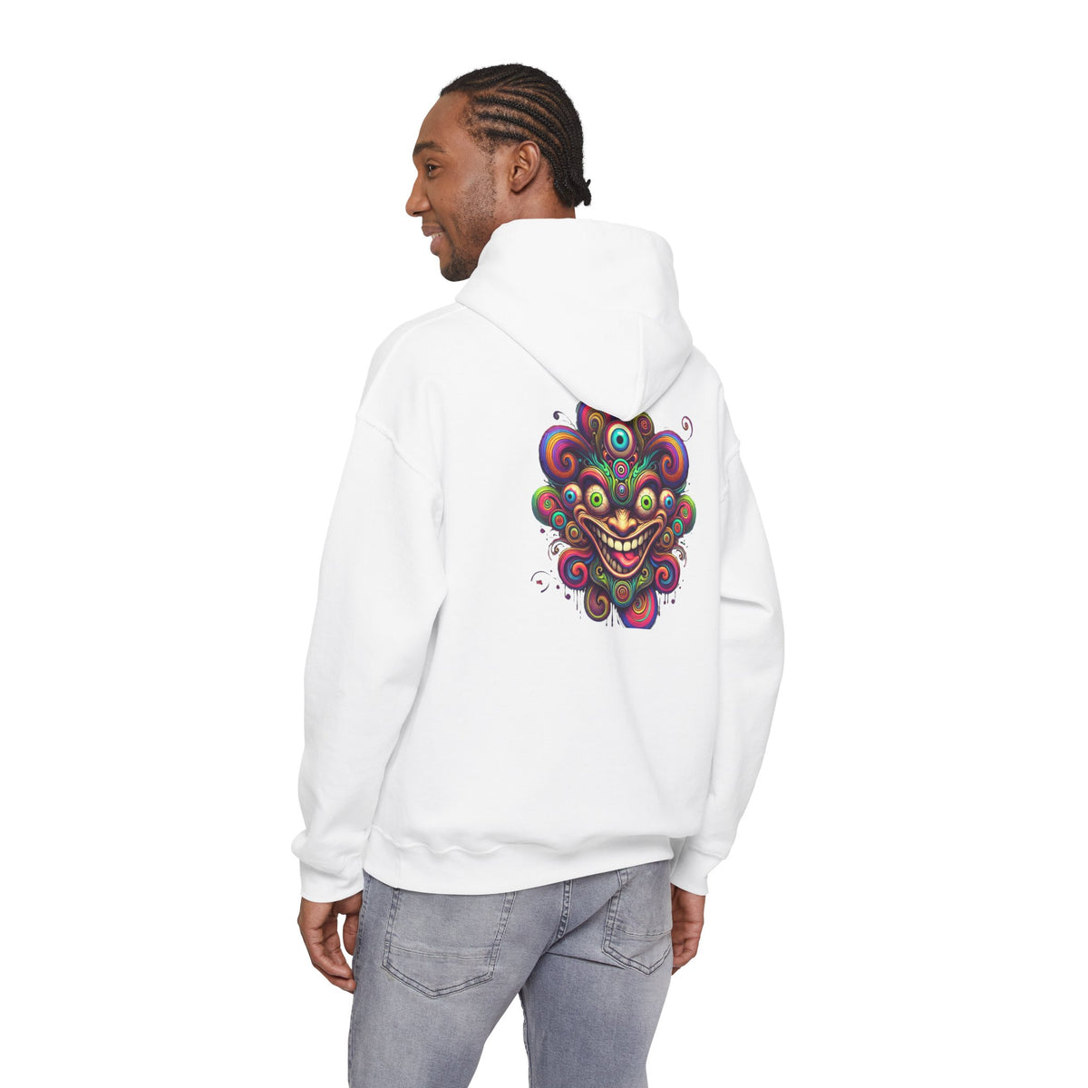 Psychedelic Smiling Jester Hoodie – Colorful Trippy Festival Sweatshirt