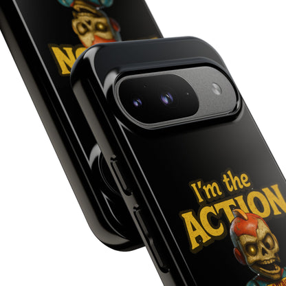 Action Figure Phone Case — "I'm the Action" Retro Skull Toy Design