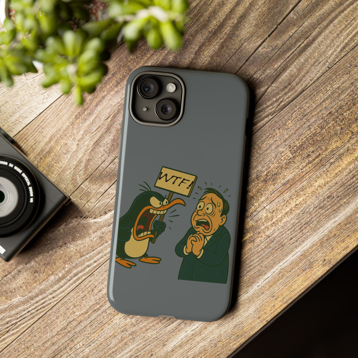 Phone Case - Cartoon Penguin Yelling 'WTF' at Shocked Man, Funny Protective iPhone Cover
