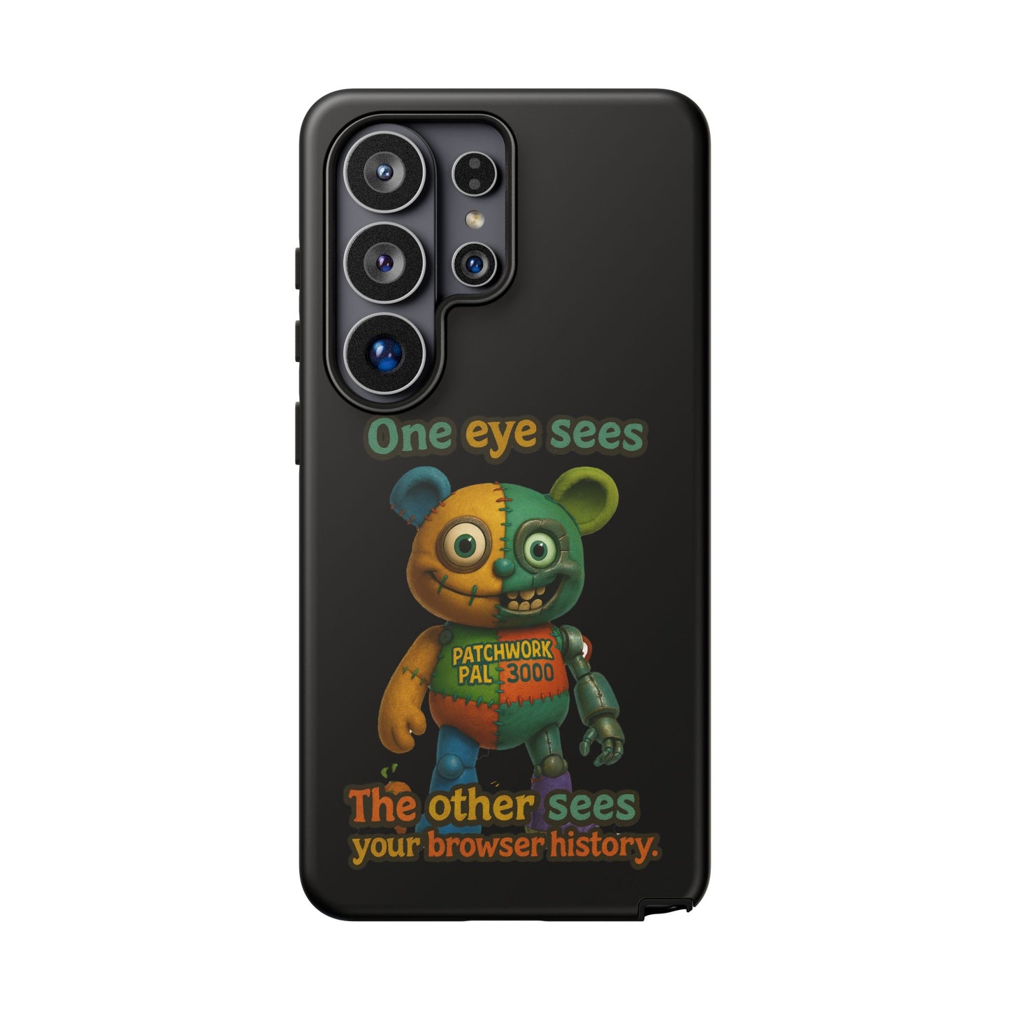 Phone Case — 'One Eye Sees, The Other Sees Your Browser History' Patchwork Bear Design