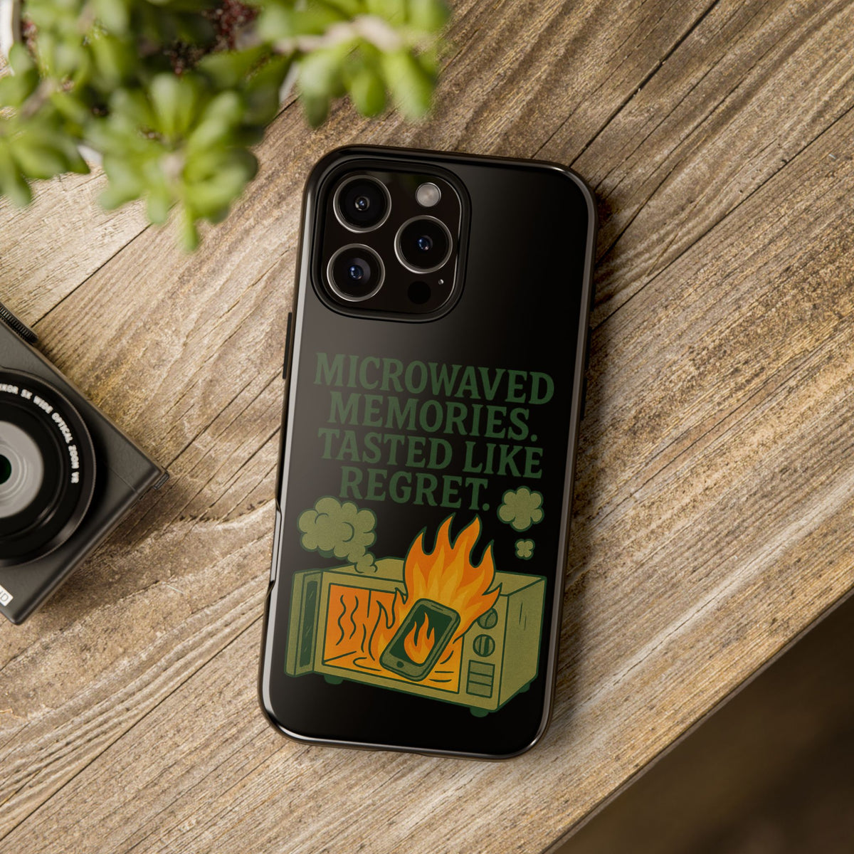 Microwaved Memories Phone Case — 'Microwaved Memories. Tasted Like Regret.' Retro Fire Design