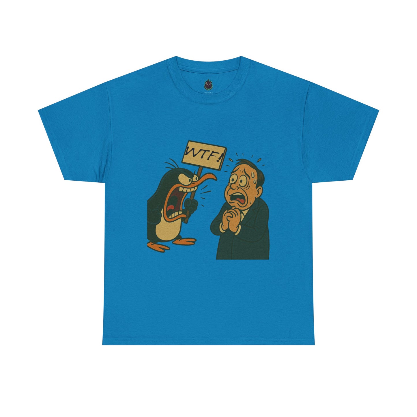 Graphic Tee - Cartoon Penguin Yelling “WTF” at Shocked Man