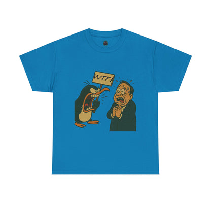 Graphic Tee - Cartoon Penguin Yelling “WTF” at Shocked Man