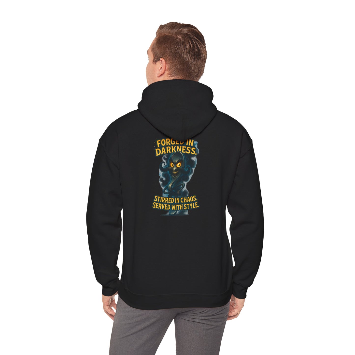 Darkness Stirred Hoodie — Vintage Cat Illustration "Poured in Darkness, Stirred in Chaos, Served with Style"