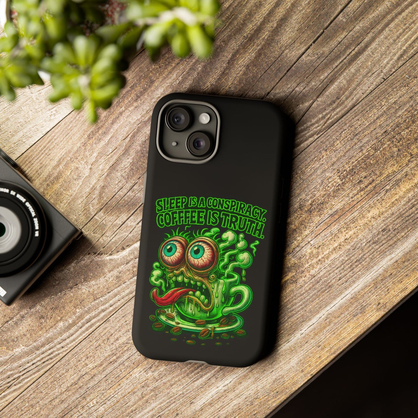 Phone Case — “Sleep Is a Conspiracy, Coffee Is Truth” Retro Monster Design