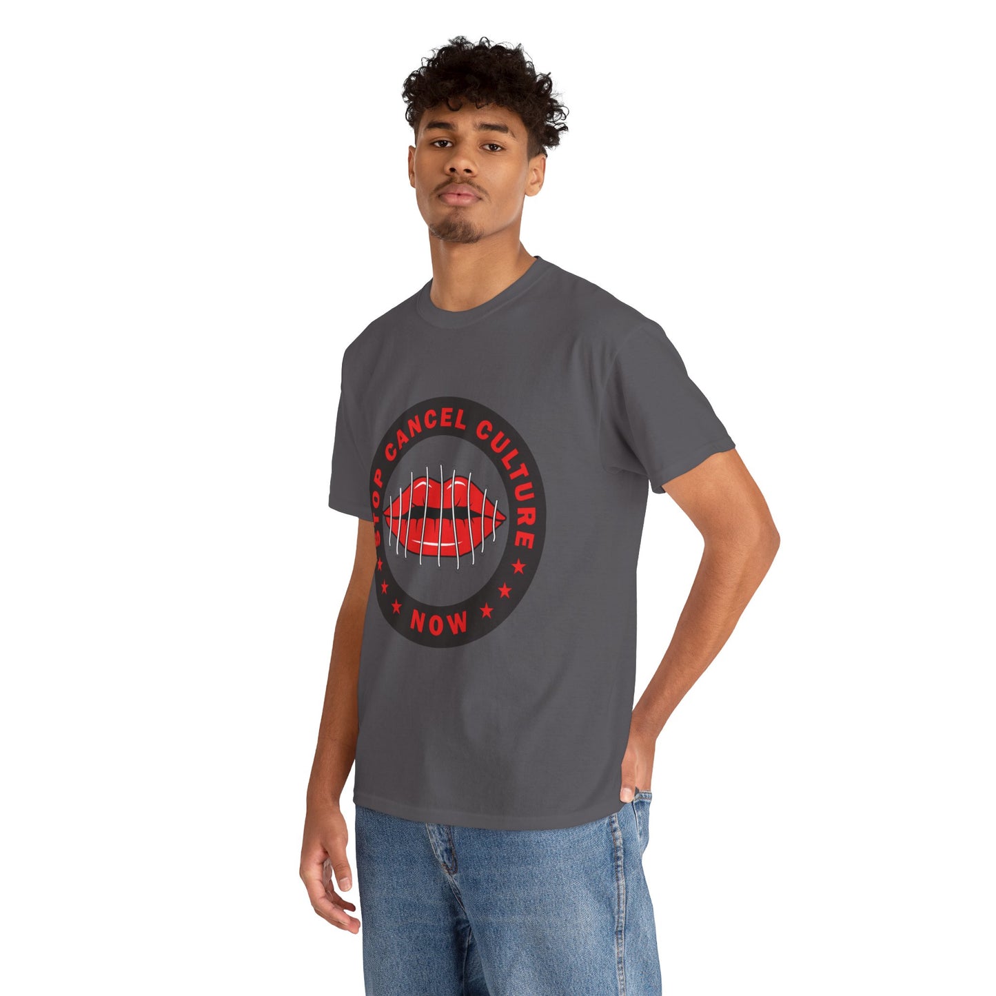 Stop Cancel Culture Now – Free Speech Tee (Barred Lips Design)