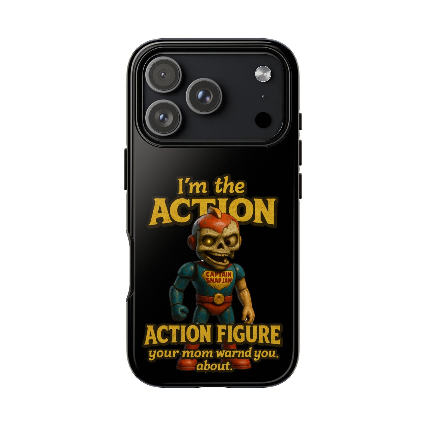 Action Figure Phone Case — "I'm the Action" Retro Skull Toy Design