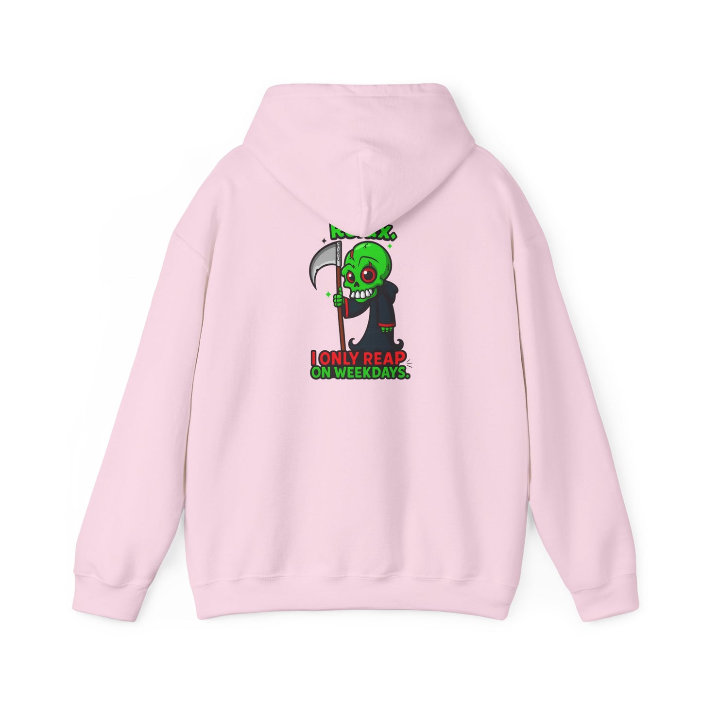 Grim Reaper Cartoon Hoodie — "I Only Read on Weekdays" Graphic Pullover