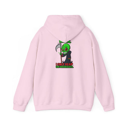 Grim Reaper Cartoon Hoodie — "I Only Read on Weekdays" Graphic Pullover