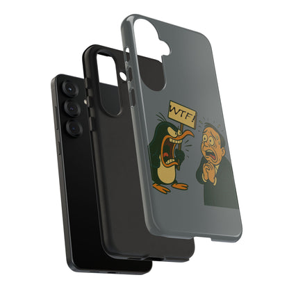 Phone Case - Cartoon Penguin Yelling 'WTF' at Shocked Man, Funny Protective iPhone Cover