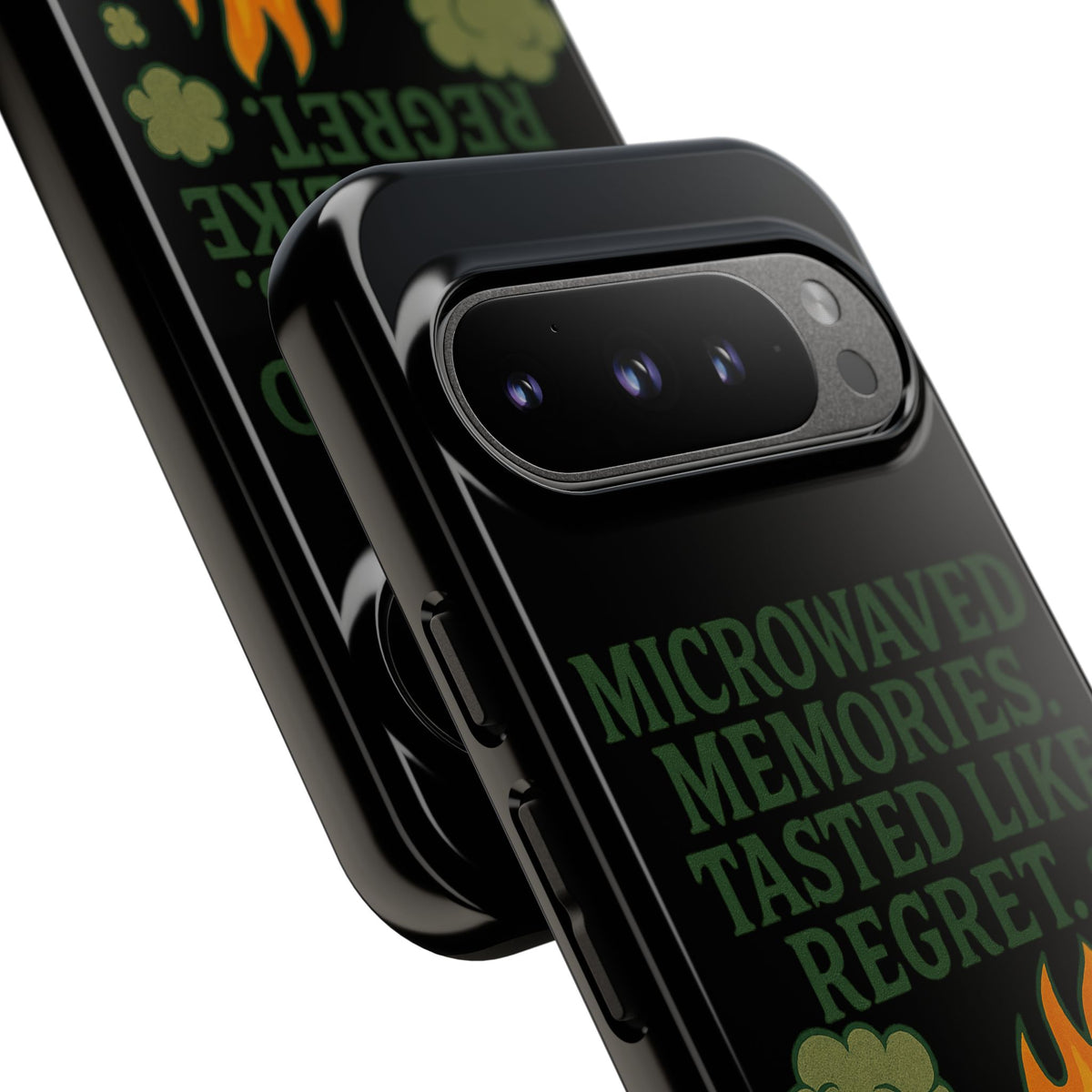 Microwaved Memories Phone Case — 'Microwaved Memories. Tasted Like Regret.' Retro Fire Design