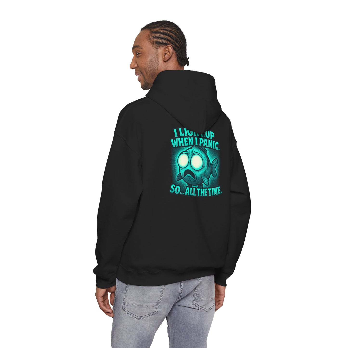 Panic Fish Hoodie — "I Lean Up When I Panic...So All The Time" Graphic Pullover