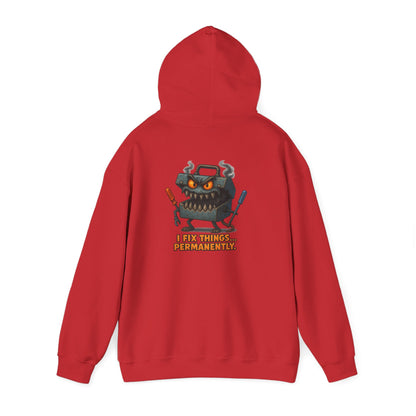 Robot Mechanic Hoodie — "I Fix Things... Permanently" Graphic Hooded Sweatshirt