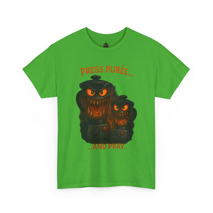 Halloween Pumpkin Tee - "Press Purée... and Pray" Spooky Jack-O'-Lantern T-Shirt