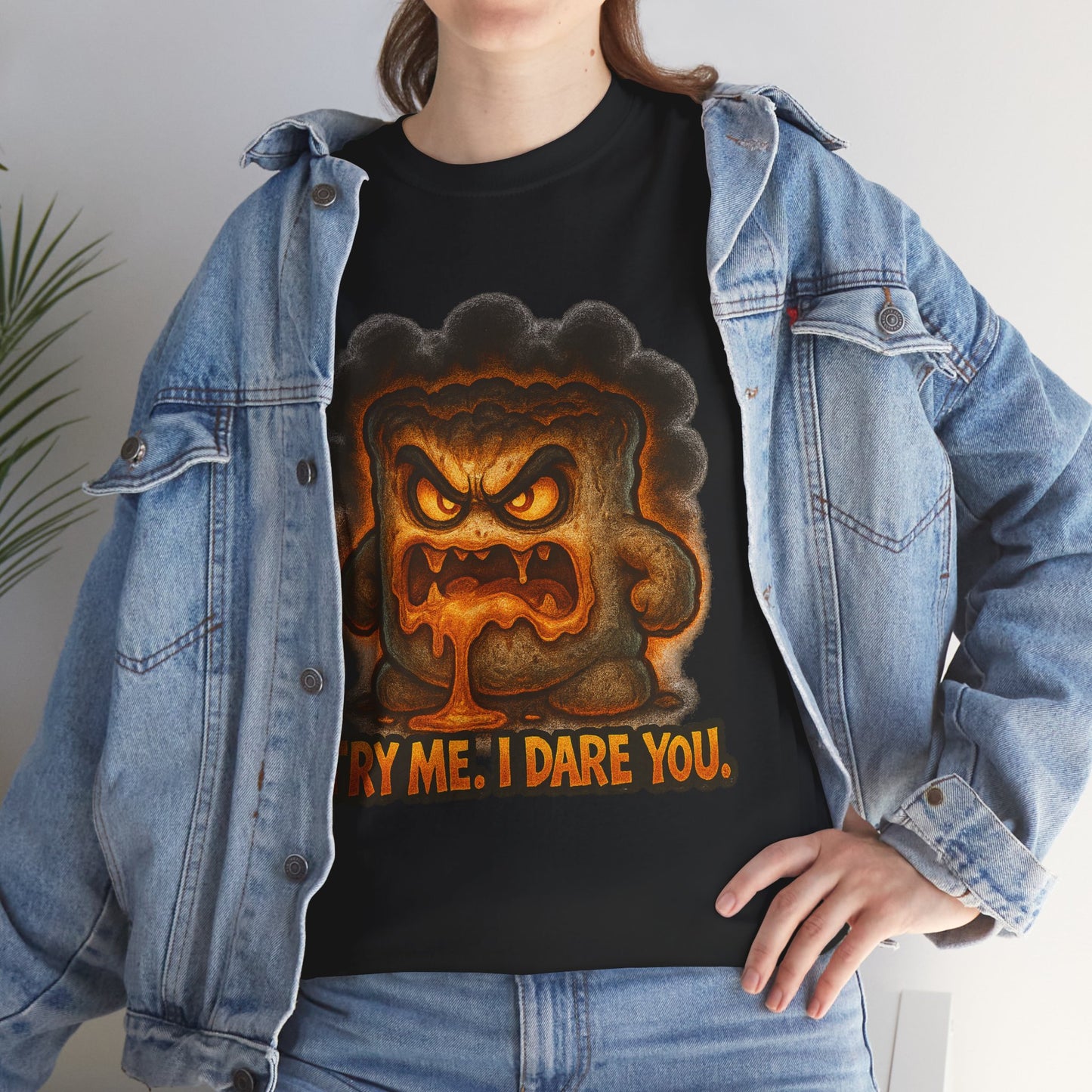 Graphic Tee — Fiery Toast 'Try Me, I Dare You' Cartoon Shirt