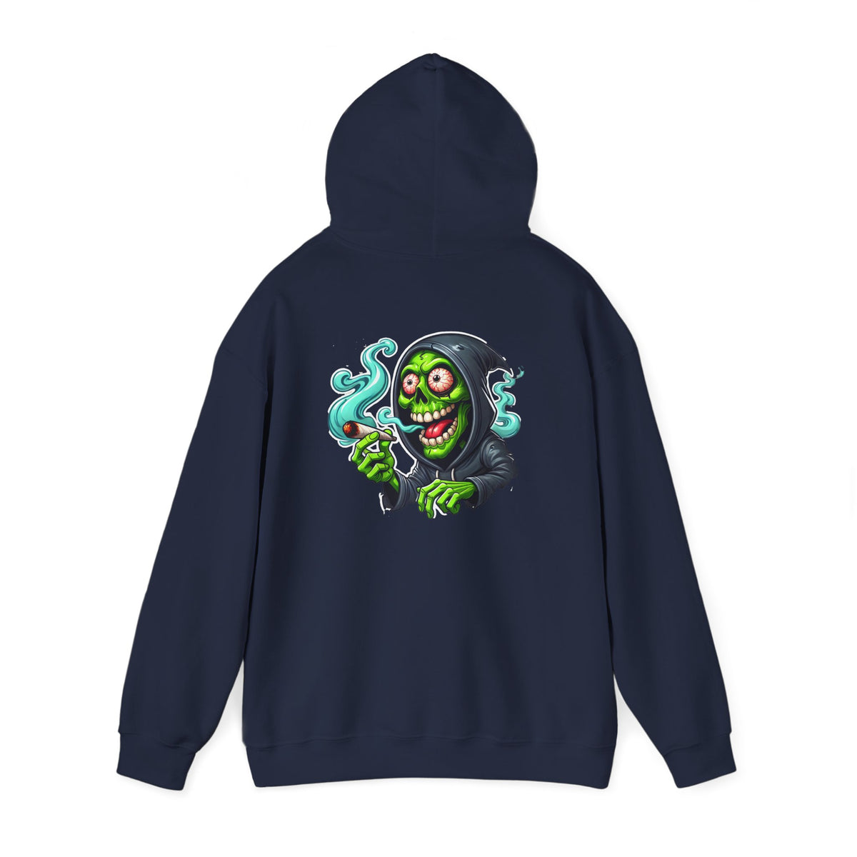 Grinning Reaper Hooded Sweatshirt – Spooky Green Skull Smoking Hoodie