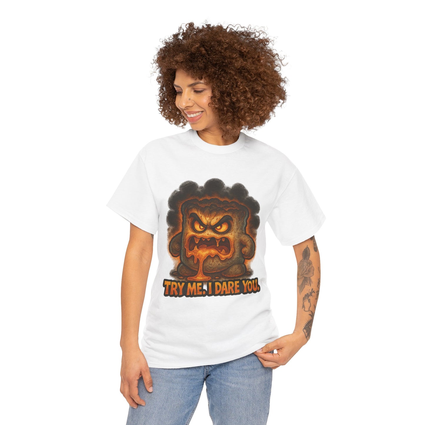 Graphic Tee — Fiery Toast 'Try Me, I Dare You' Cartoon Shirt