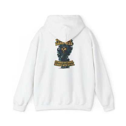 Darkness Stirred Hoodie — Vintage Cat Illustration "Poured in Darkness, Stirred in Chaos, Served with Style"
