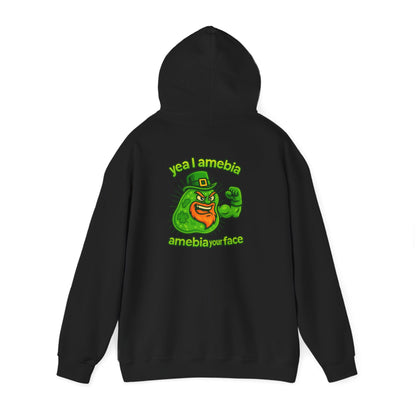 Amebiavirus St. Patrick's Day Hoodie — Funny Green Germ Mascot with 'yea bia amebiavirusface' Text