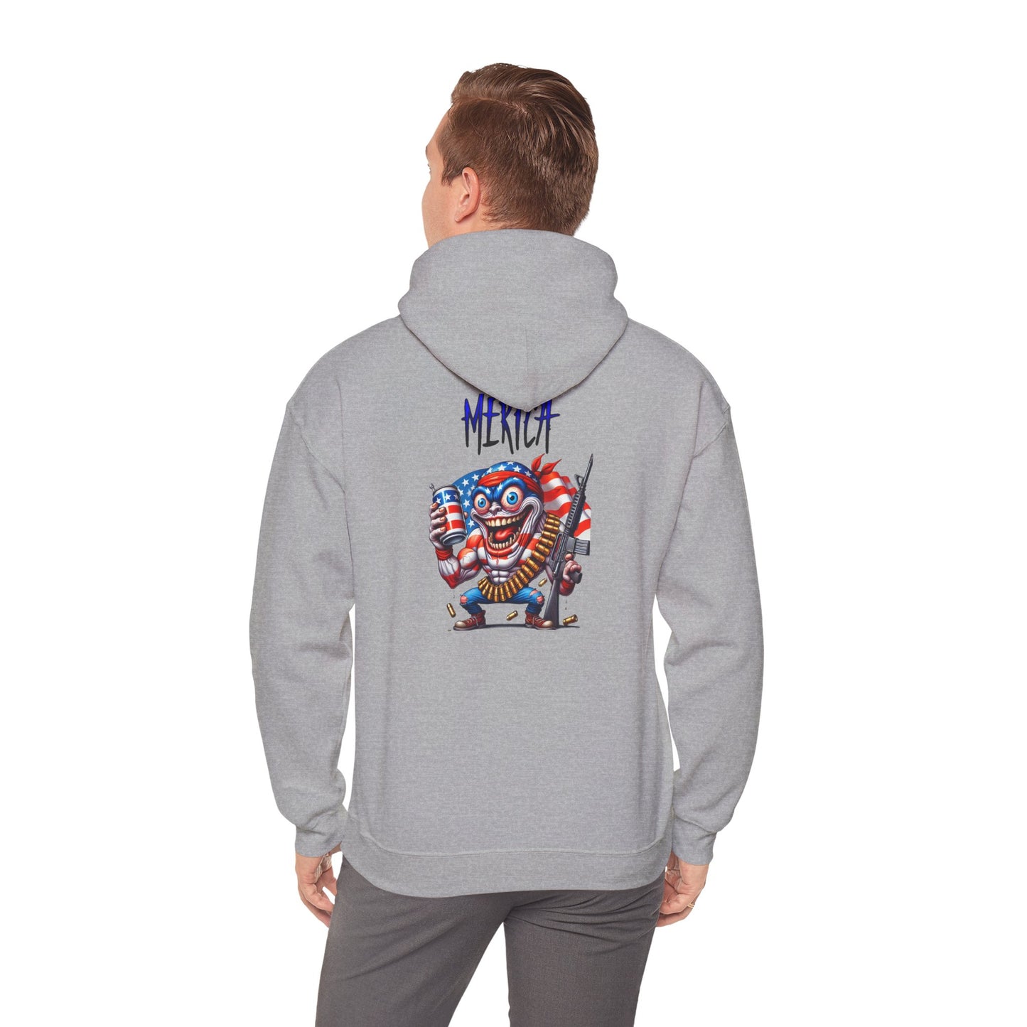 Patriotic Retro Hoodie — American Flag Skull Character Back Graphic