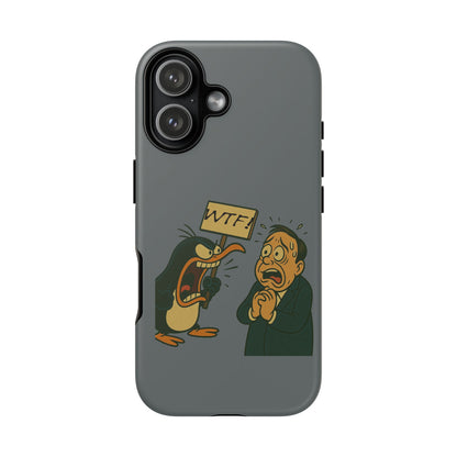 Phone Case - Cartoon Penguin Yelling 'WTF' at Shocked Man, Funny Protective iPhone Cover