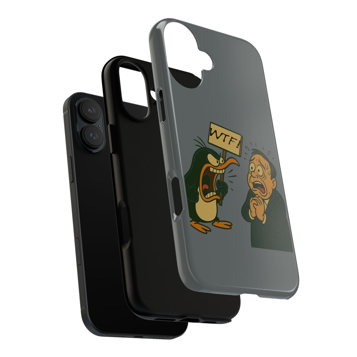 Phone Case - Cartoon Penguin Yelling 'WTF' at Shocked Man, Funny Protective iPhone Cover