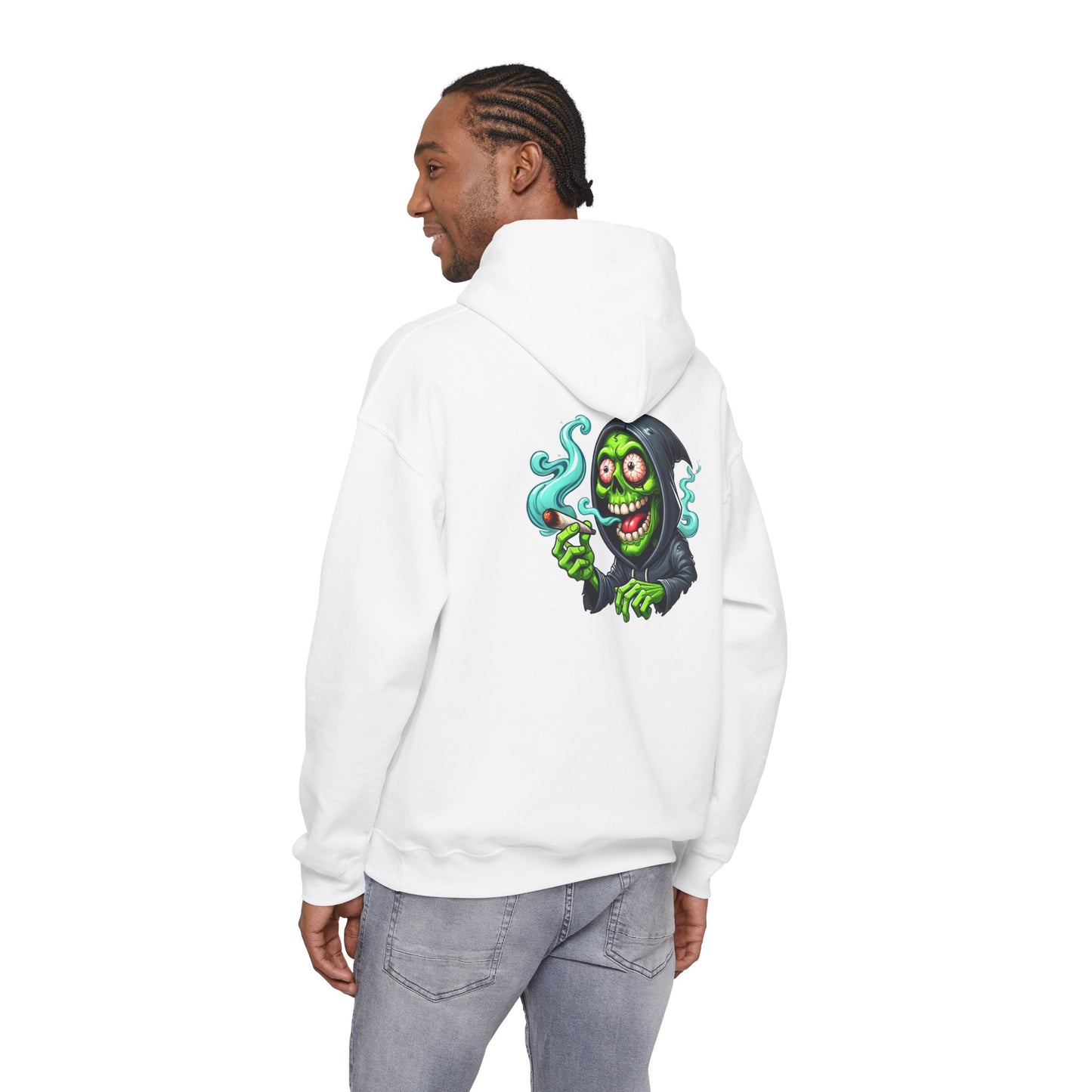 Grinning Reaper Hooded Sweatshirt – Spooky Green Skull Smoking Hoodie