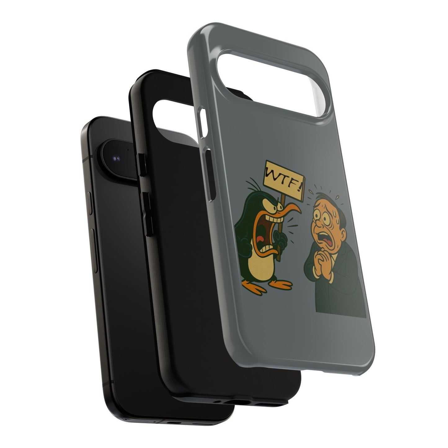 Phone Case - Cartoon Penguin Yelling 'WTF' at Shocked Man, Funny Protective iPhone Cover