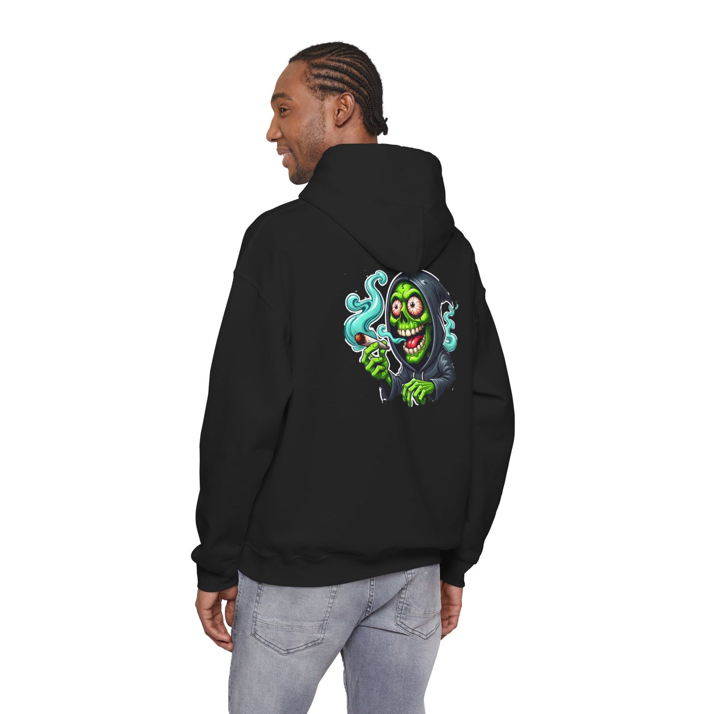 Grinning Reaper Hooded Sweatshirt – Spooky Green Skull Smoking Hoodie