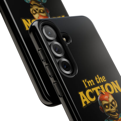 Action Figure Phone Case — "I'm the Action" Retro Skull Toy Design