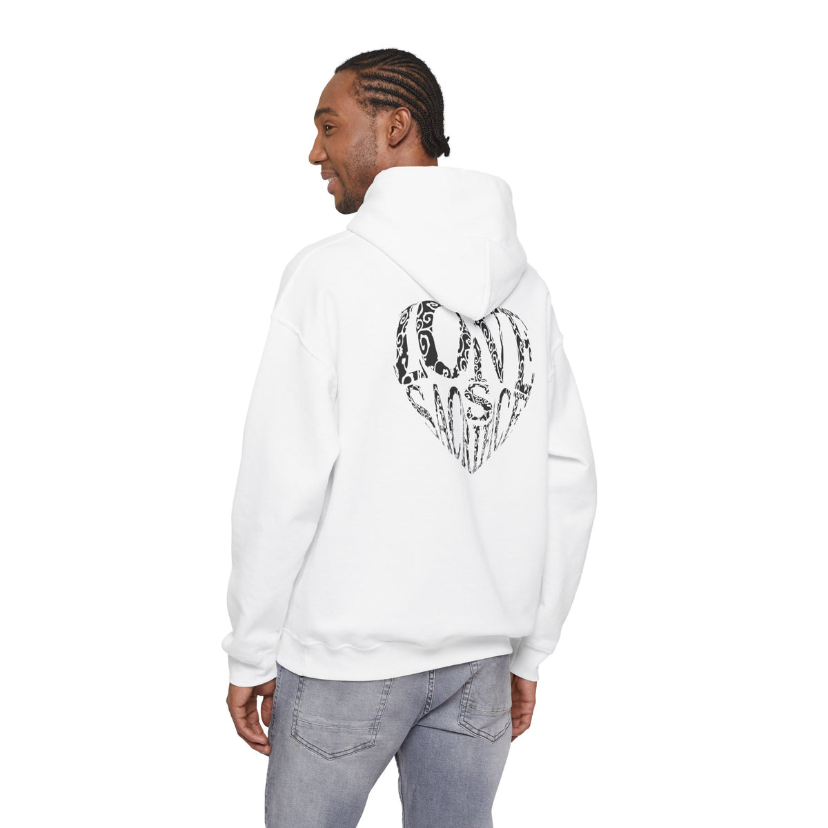 Hoodie — Black Heart Typography “Love” Graphic Pullover
