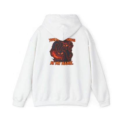 Hoodie — Fiery Demon Skull 'Your Roomba Trembls At My Name' Graphic Back Print