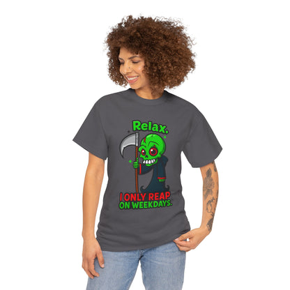 Relax I Only Reap On Weekdays T-Shirt | Grim Reaper Cartoon Tee