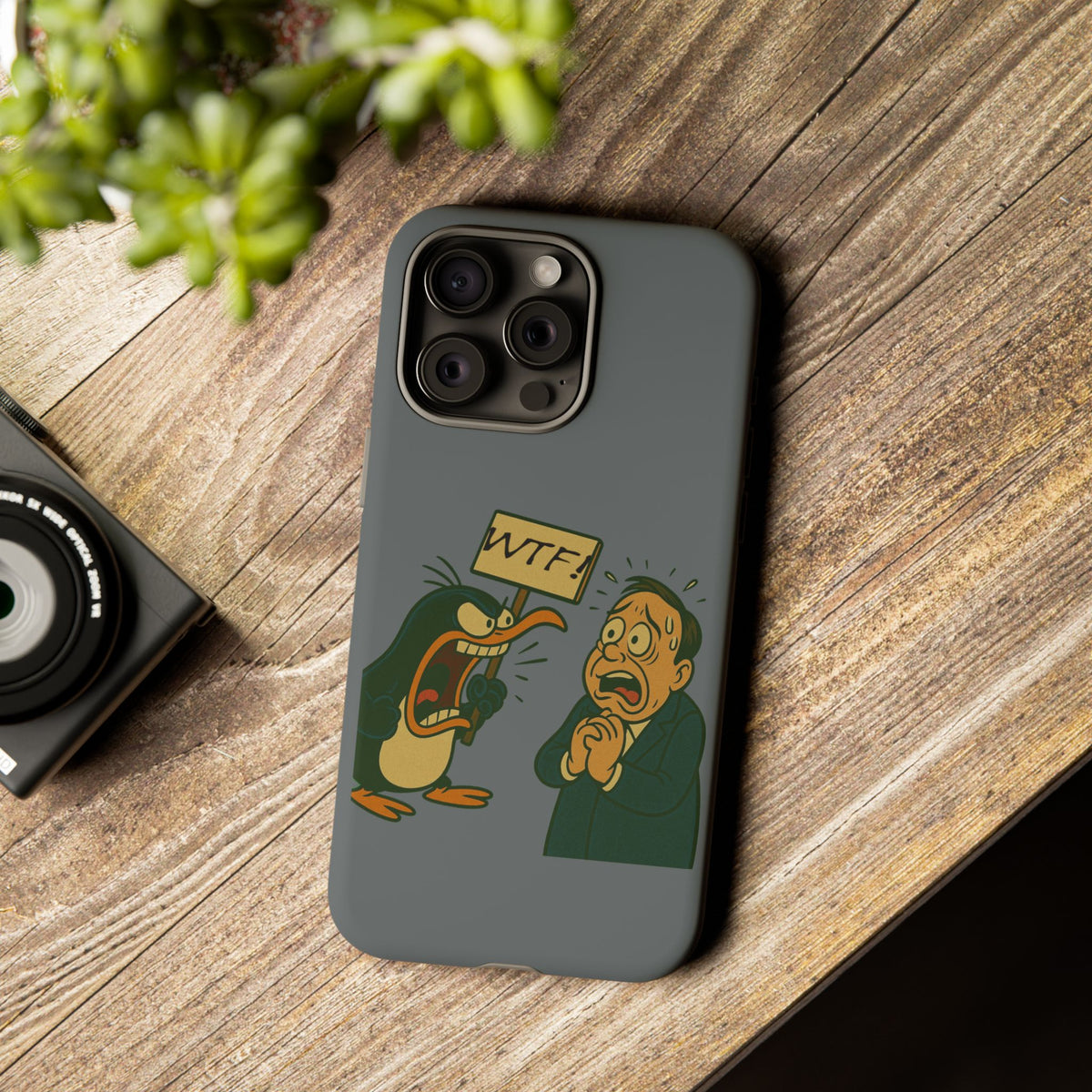 Phone Case - Cartoon Penguin Yelling 'WTF' at Shocked Man, Funny Protective iPhone Cover
