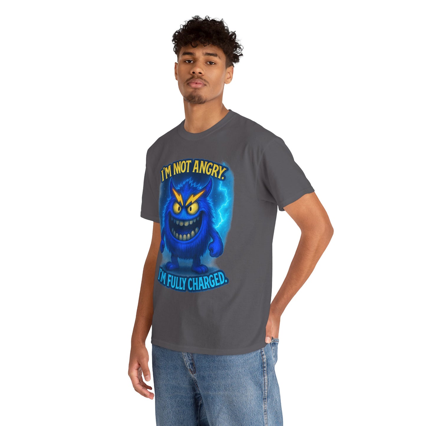 I'm Not Angry I'm Fully Charged Tee, Blue Lightning Monster Graphic