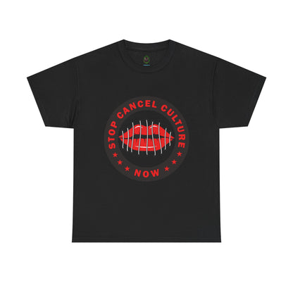 Stop Cancel Culture Now – Free Speech Tee (Barred Lips Design)
