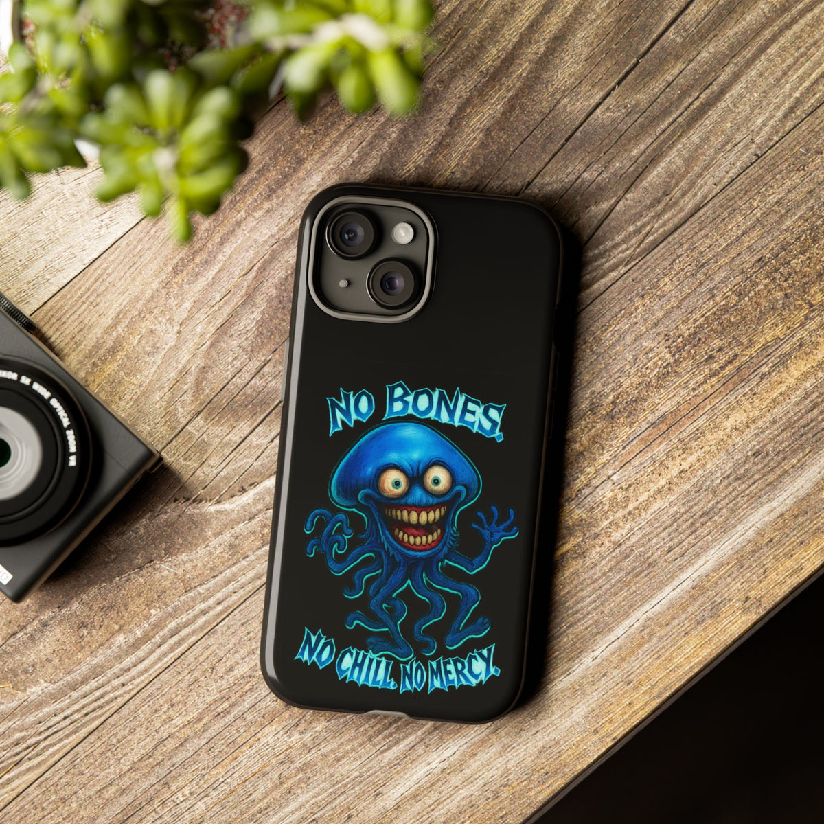 Phone Case — 'No Bones, No Chill, No Mercy' Blue Jellyfish Horror Design