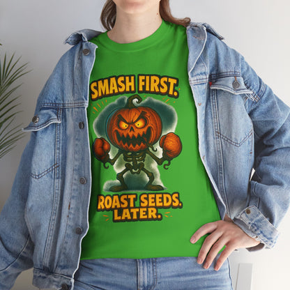 Smash First Pumpkin Boxer illustration T-Shirt | Halloween pumpkin design