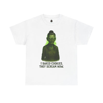 Creepy Green Girl Illustration T-Shirt | I Baked Cookies They Scream Now