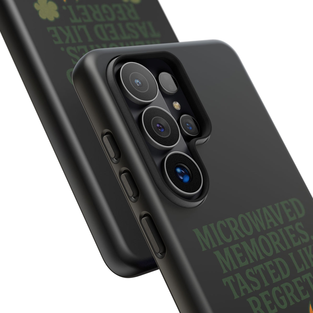 Microwaved Memories Phone Case — 'Microwaved Memories. Tasted Like Regret.' Retro Fire Design