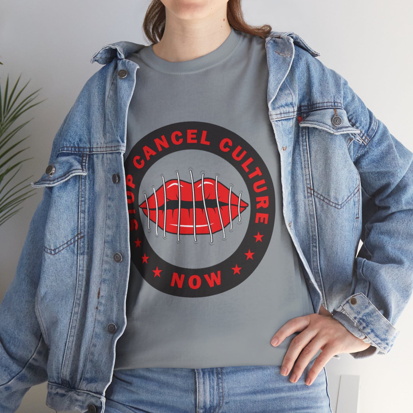 Stop Cancel Culture Now – Free Speech Tee (Barred Lips Design)