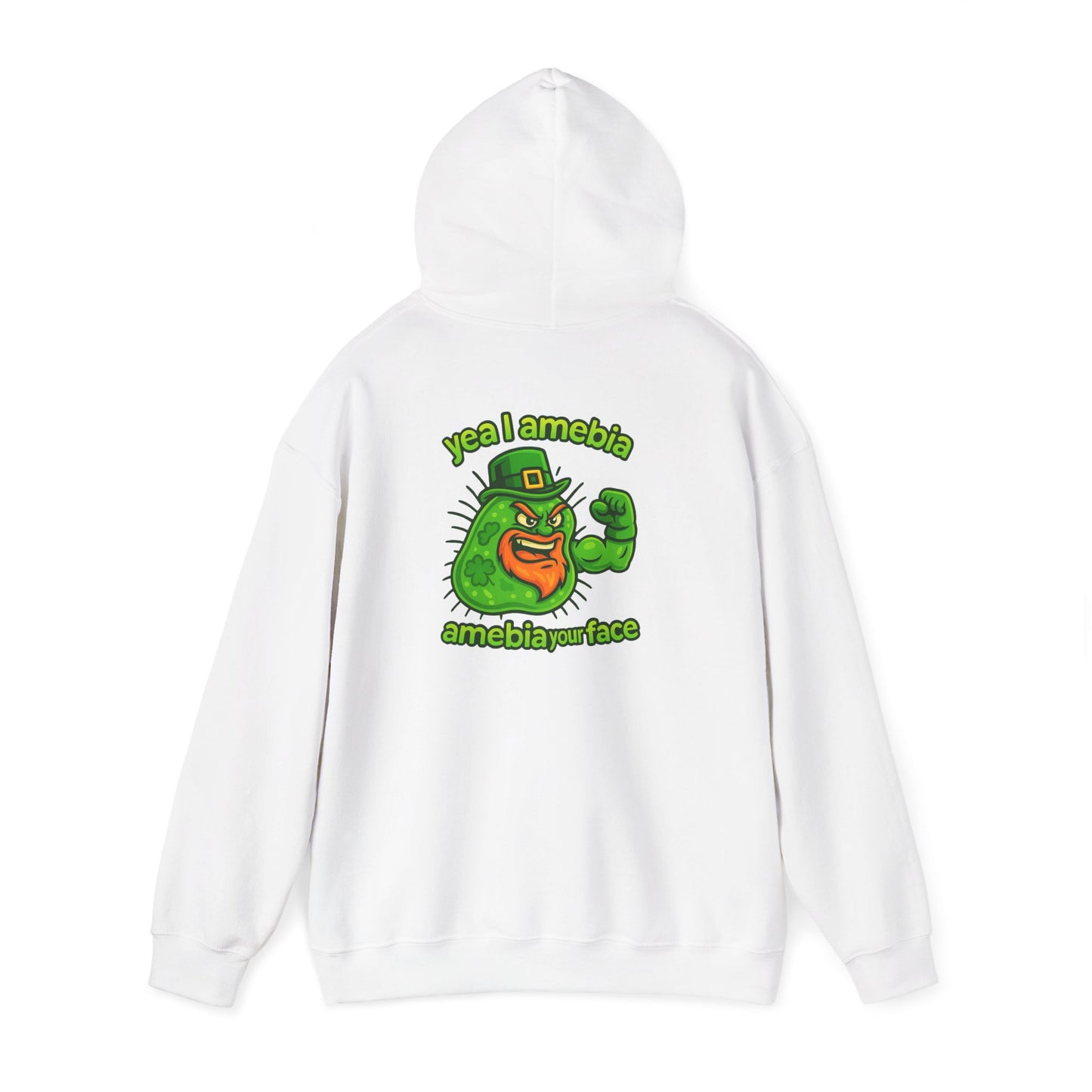 Amebiavirus St. Patrick's Day Hoodie — Funny Green Germ Mascot with 'yea bia amebiavirusface' Text